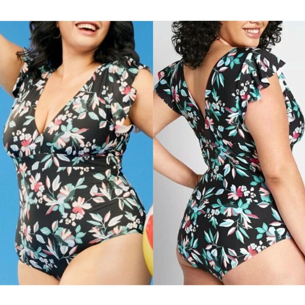NEW NWT MODCLOTH The Kelsie One Piece Swimsuit Floral Black Blue Floral Padded S